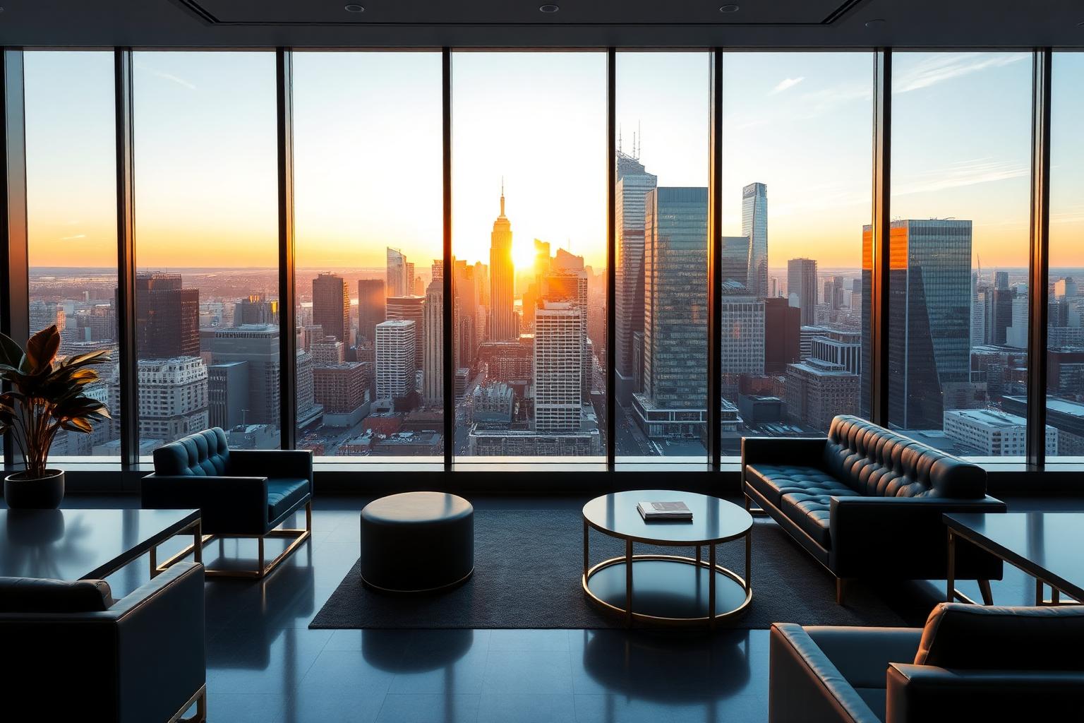 Modern corporate office at golden hour